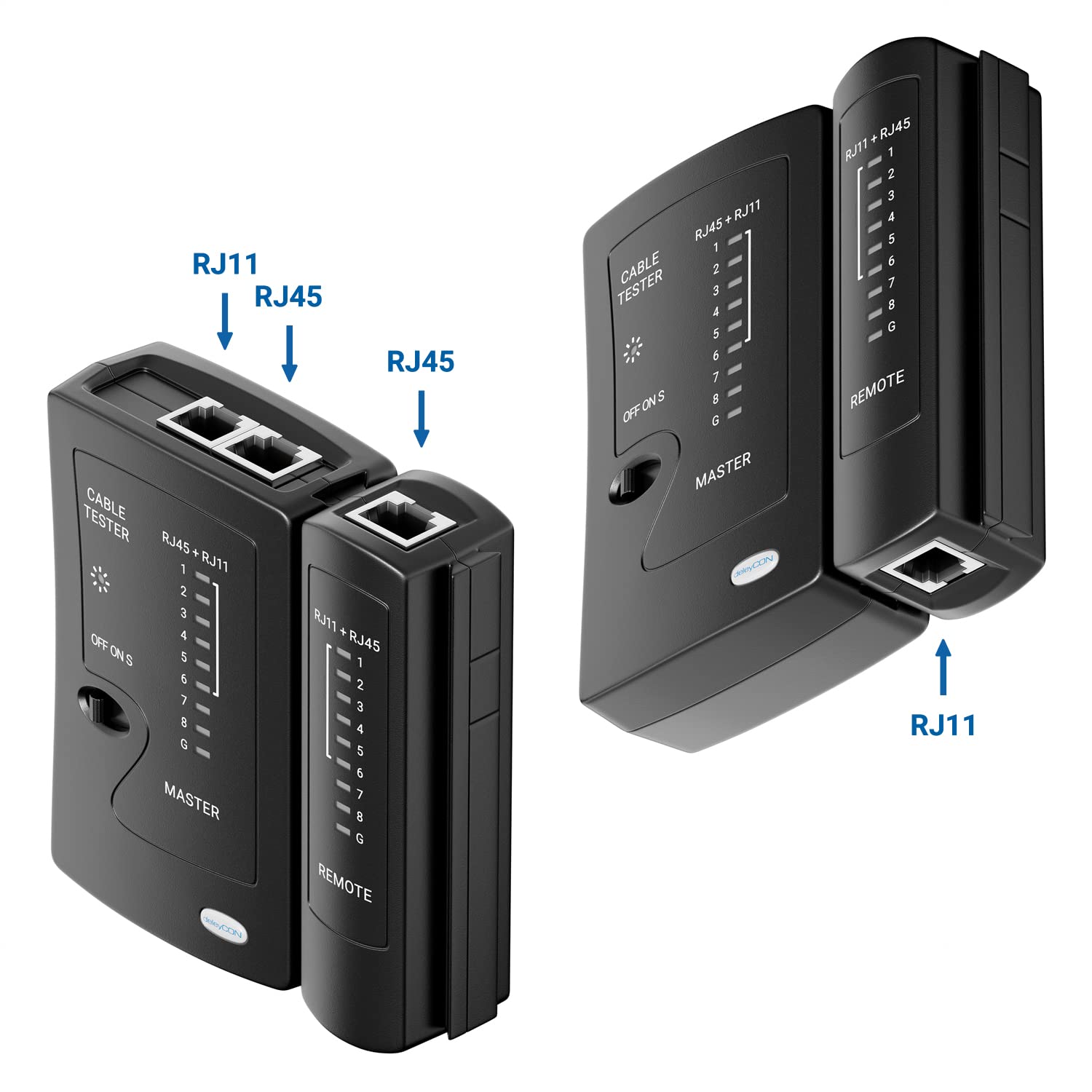 Detalle 2 de deleyCON MK5196 nätverkskabeltestare för RJ11, RJ12 och RJ45 med LED