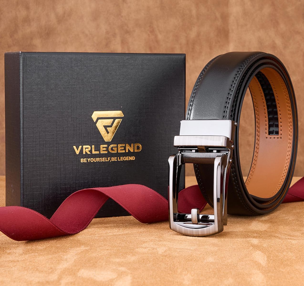Detalle 2 de VRLEGEND ceinture homme en cuir automatique réglable (boucle à cliquet) pour costume et travail