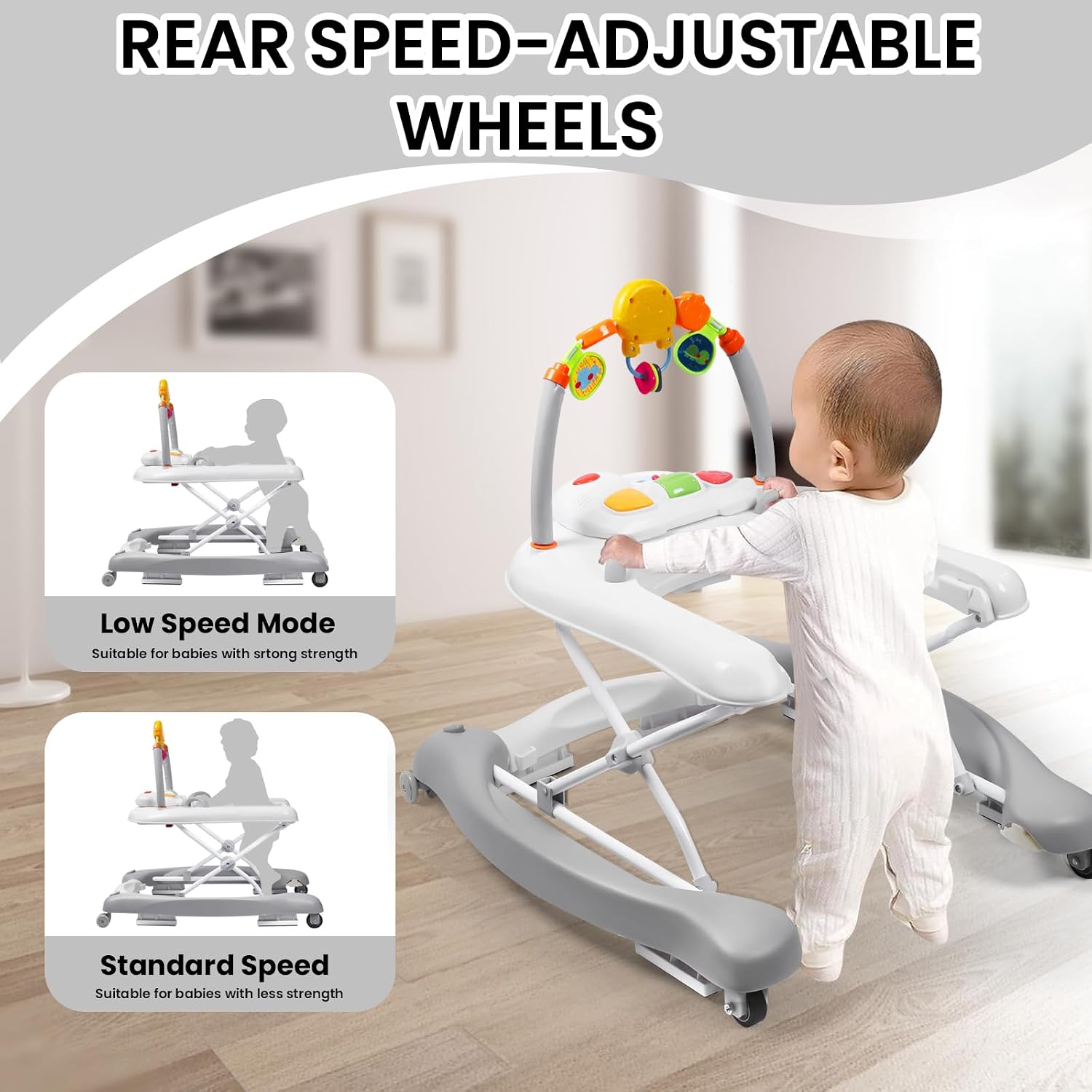 Detalle de Boyro 5-in-1 Baby Walker: 6–18 Months, 3-Position Height, Foldable with Music and Toys