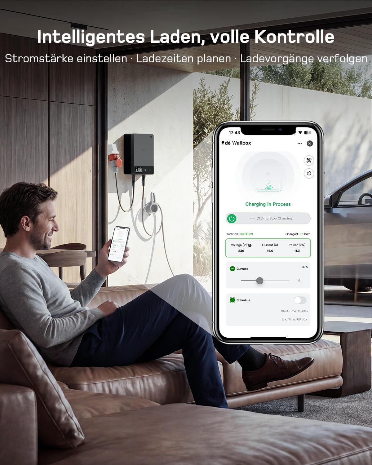 Detalle 2 de dé Wallbox 11kW mit APP – 12,5 m Typ 2 Kabel, 3-Phasen EV-Ladegerät, IP54, RCD Typ A 30mA/6mA