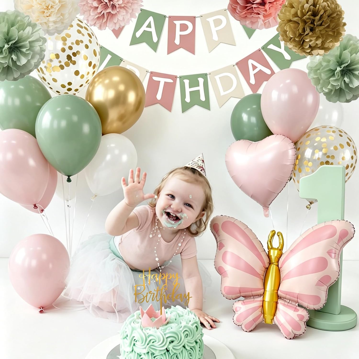 Detalle de Dusty Pink & Green Birthday Decorations Set: A Romantic, Versatile Party Kit