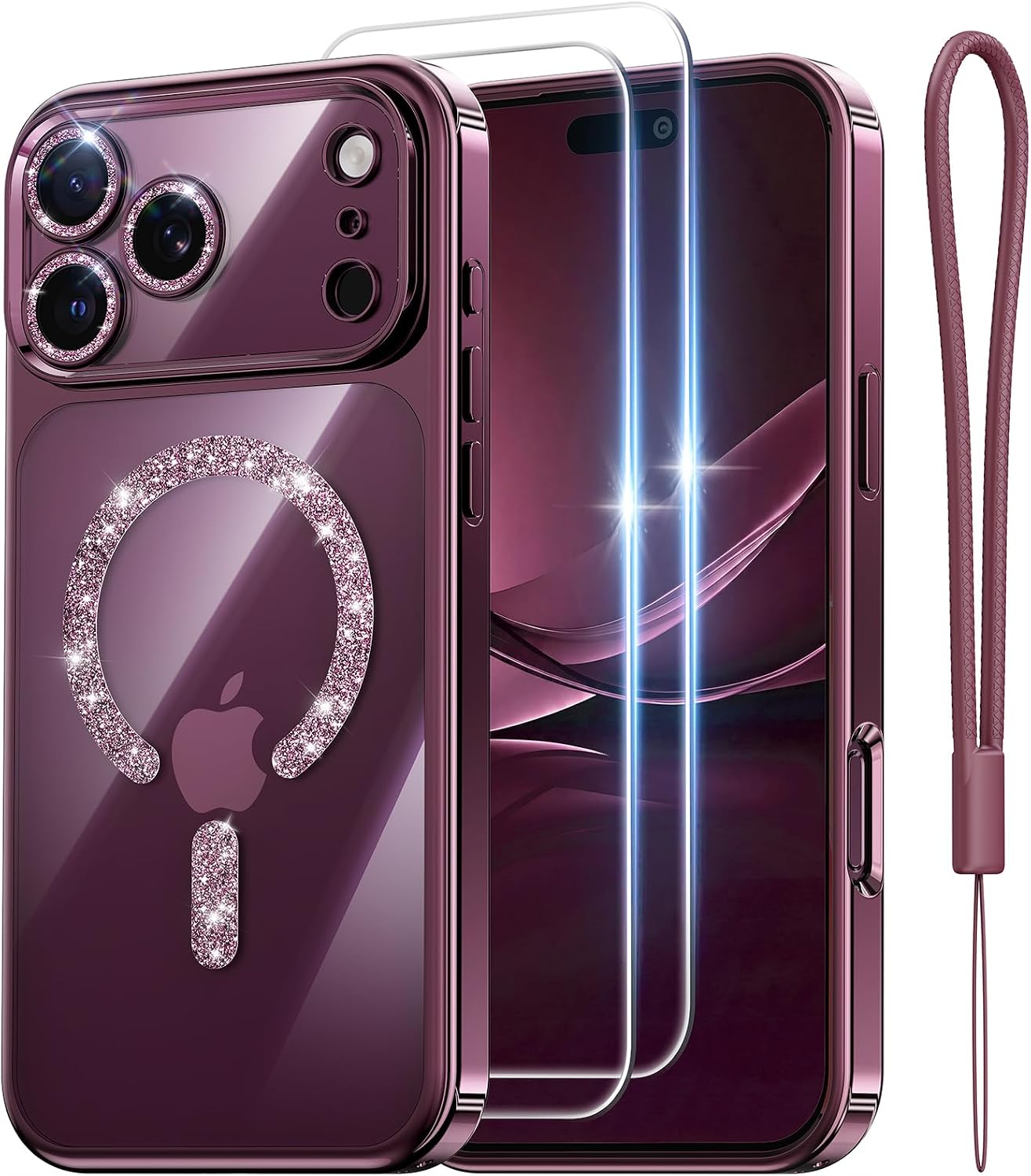 Detalle de Meifigno 3CM364 iPhone 18 Pro Max Case, Burgundy, MagSafe Glitter Ring