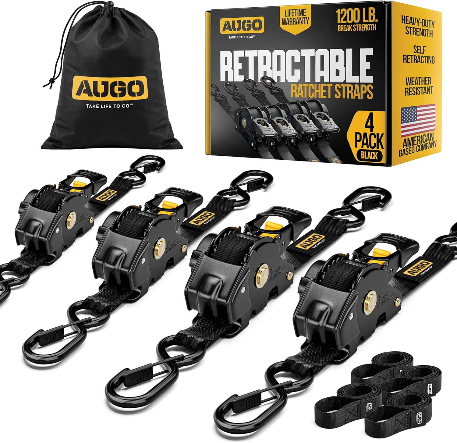 Detalle de AUGO Retractable Ratchet Straps — 4-Pack, 1" x 10’, 1200 lb Break Strength with Soft Loops & Storage Bag