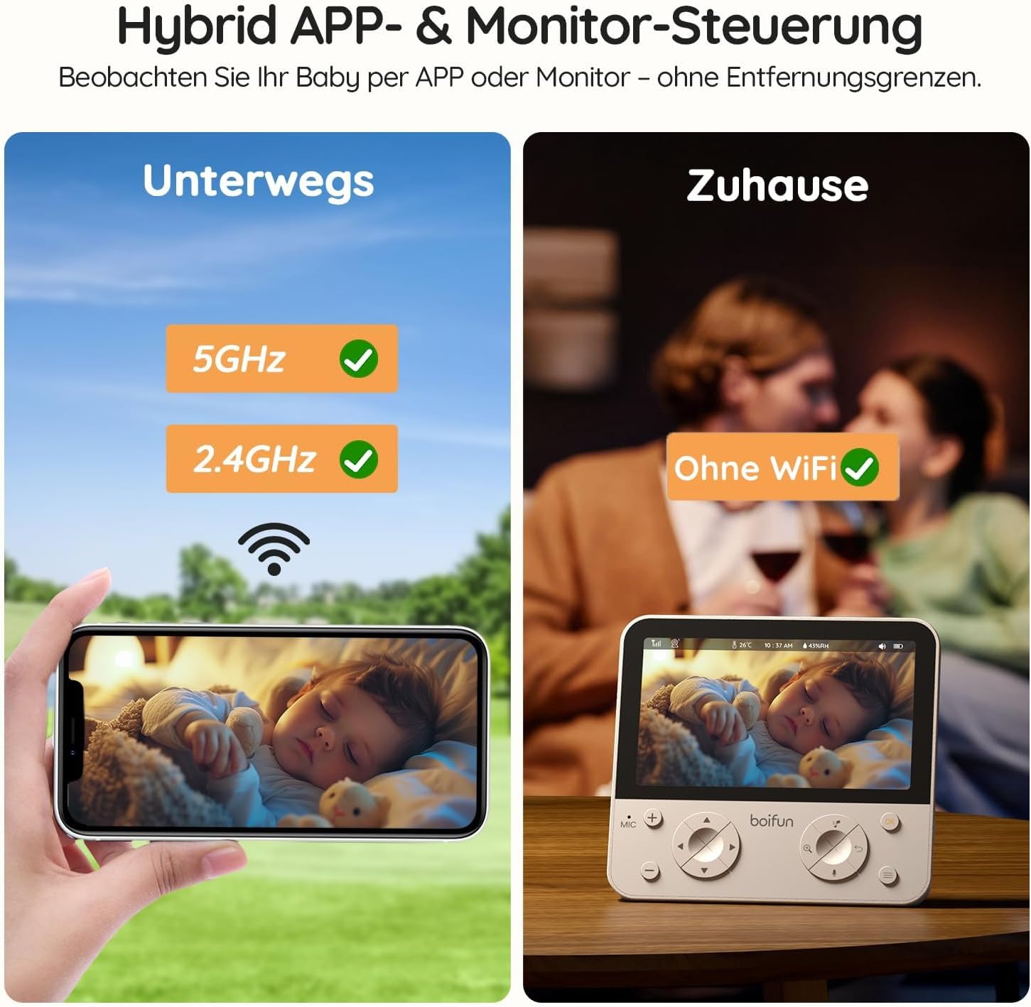 Thumbnail 4 de BOIFUN 5.5" Babyphone mit Kamera WLAN – 4MP Video, KI‑Bauchlage-Erkennung, Nachtlicht und Auto-Tracking