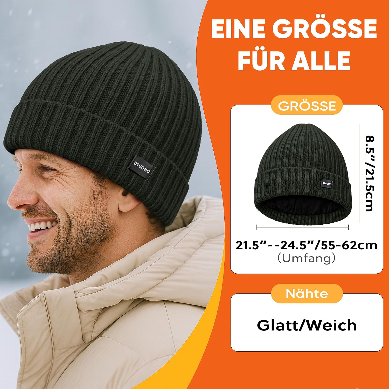 Detalle de DTUOMO Merinowolle Mütze Herren One Size 🧣