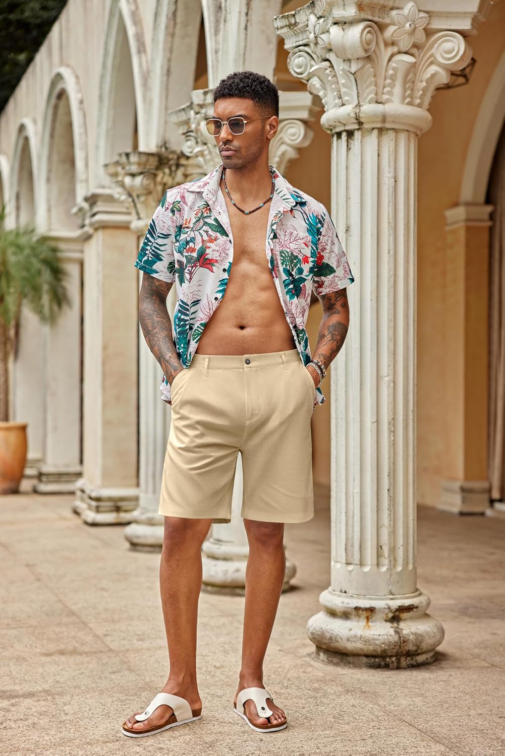 Detalle de COOFANDY Short Lin Homme Bermuda avec Zip – design éco-confort pour l’été