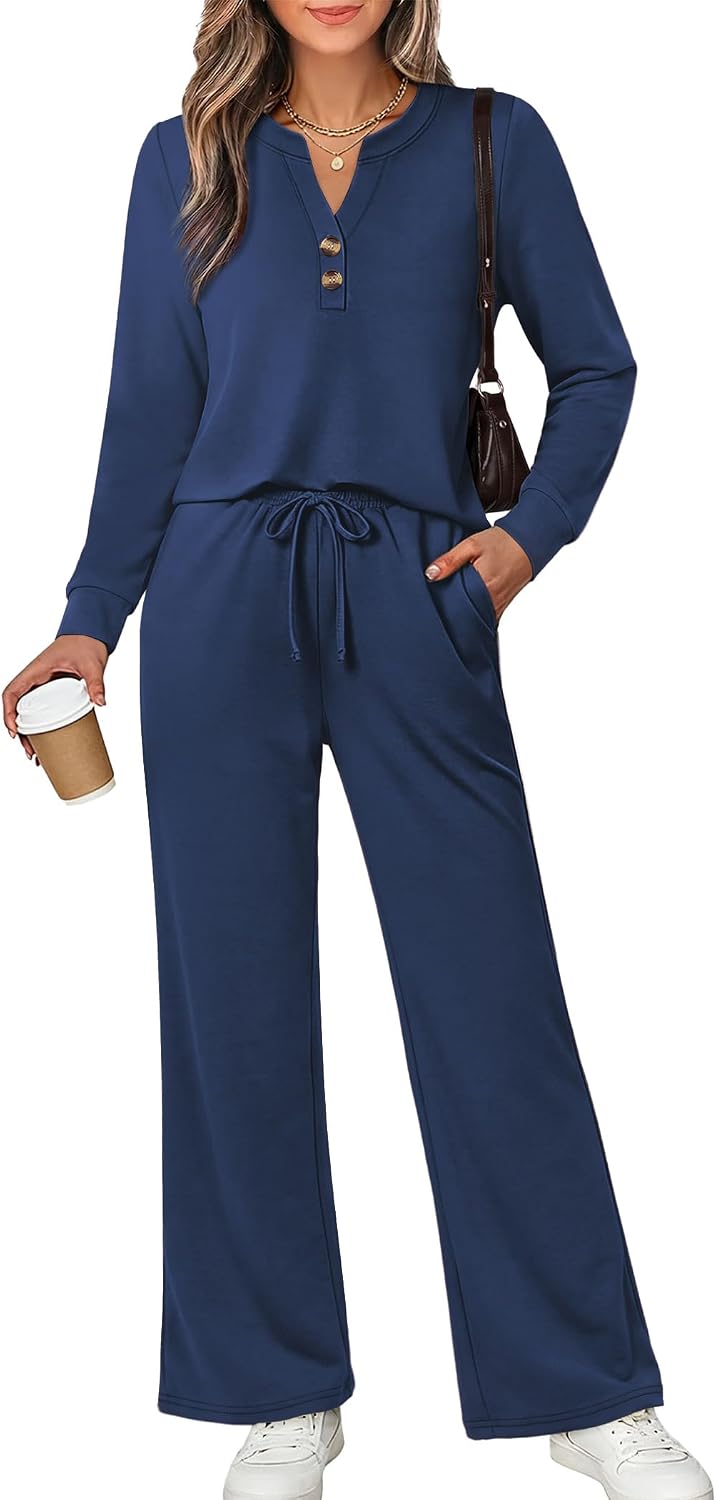 Detalle de WIHOLL Two-Piece Lounge Set for Women, Long-Sleeve Top & Wide-Leg Pants, XS–2XL
