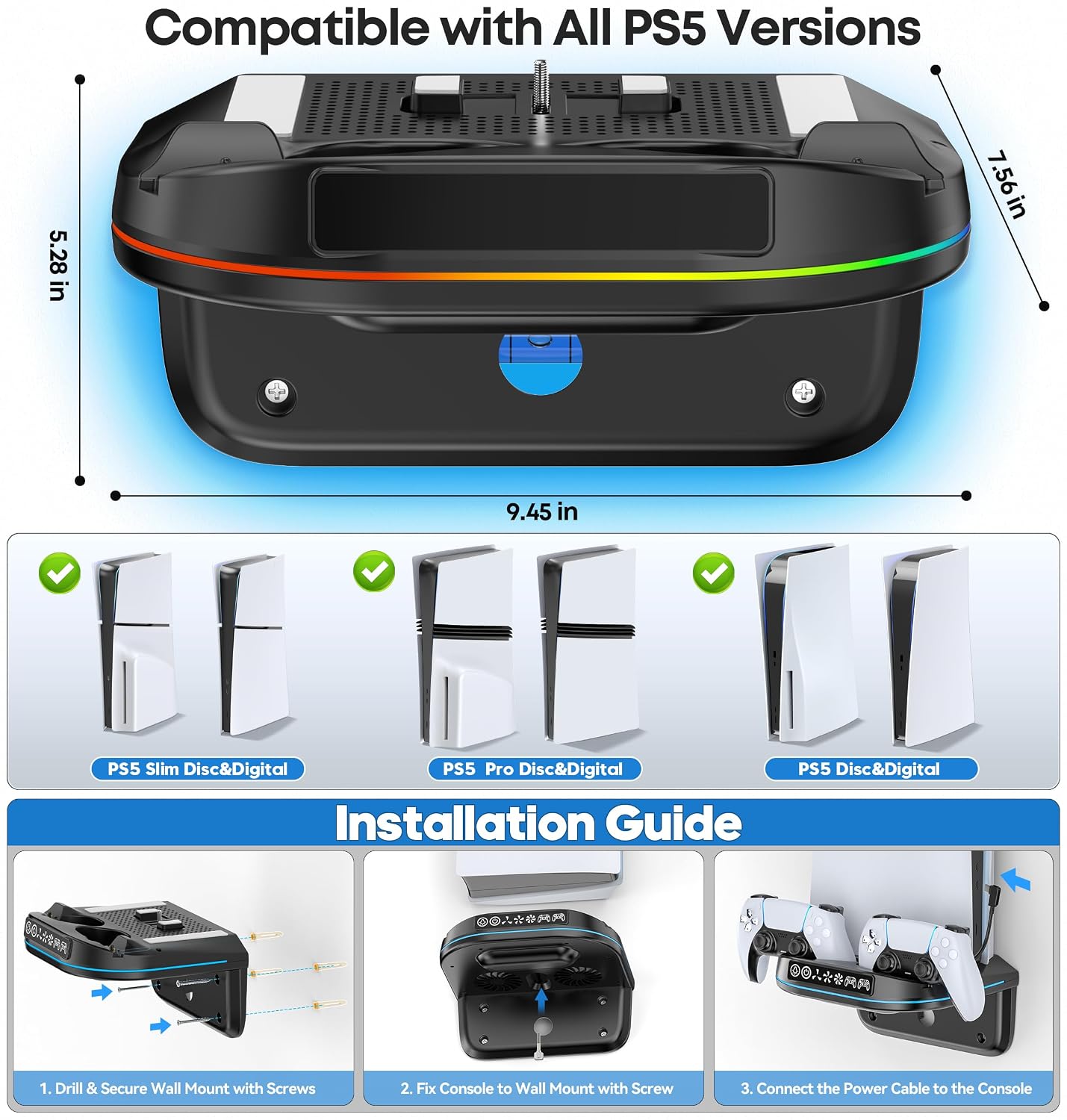 Thumbnail 2 de Tokluck VG-P5447 PS5 Wall Mount Cooling Station with Dual Charger and RGB