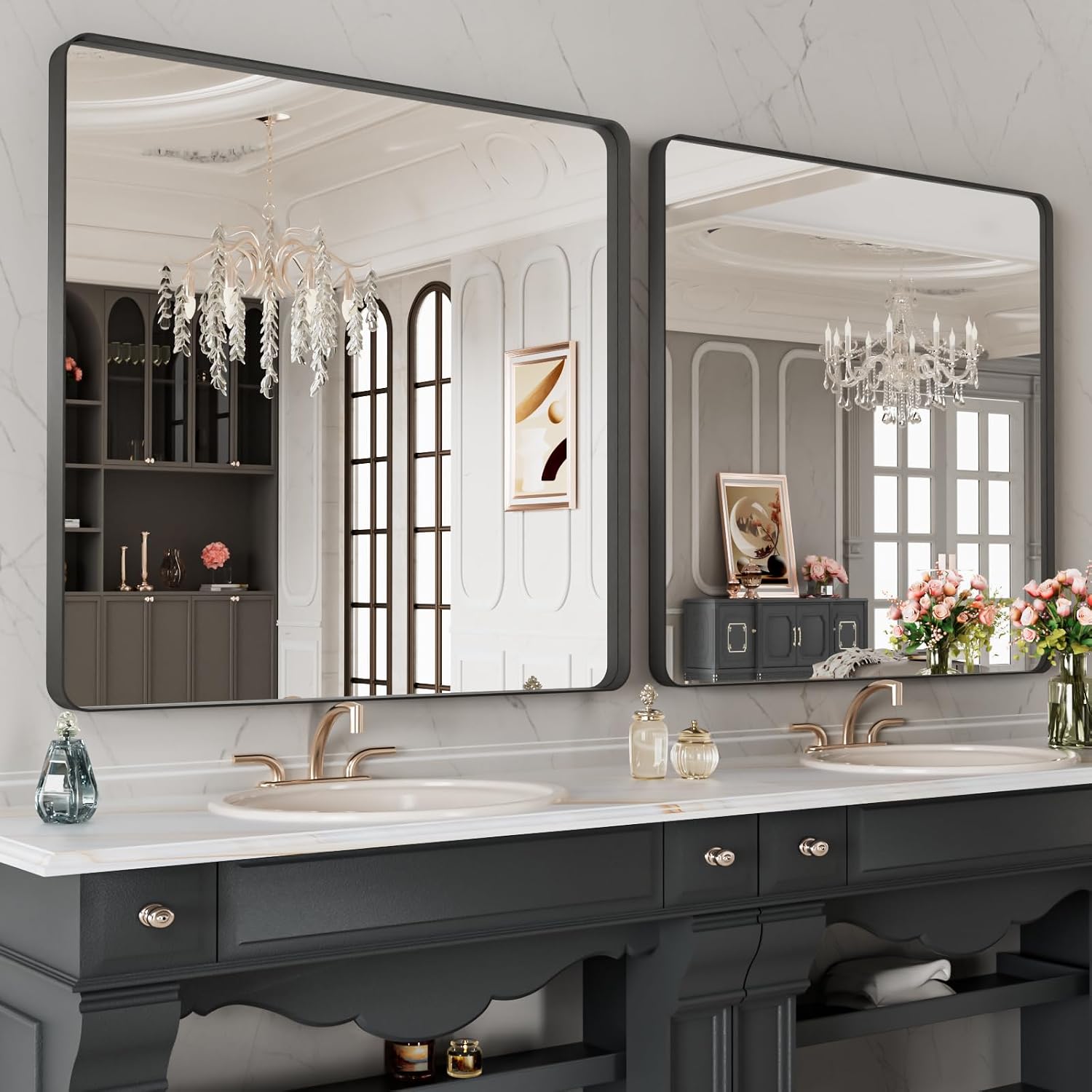 Thumbnail 3 de LOAAO 28x32 Inch Black Metal Framed Bathroom Mirror (Matte Black, Anti-Rust)