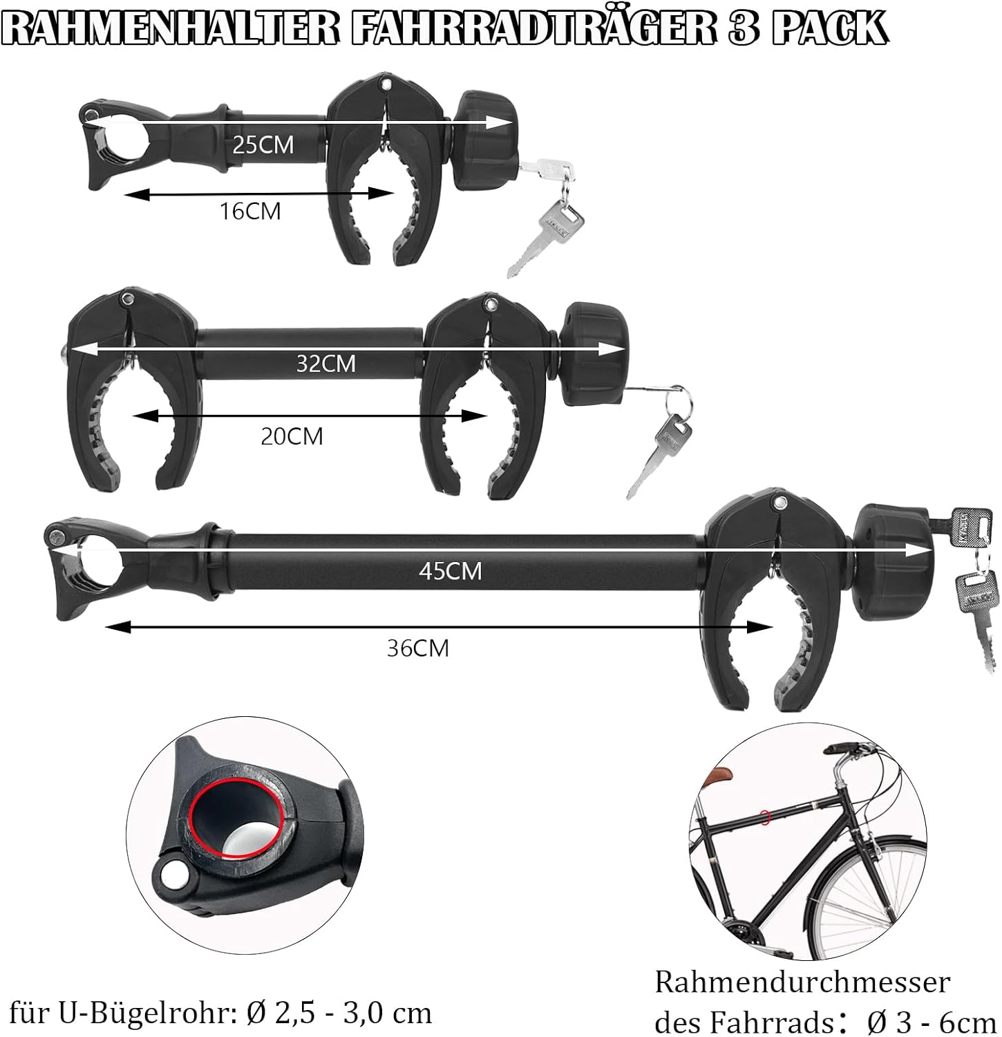 Detalle de Sorlpv Rahmenhalter für Fahrradträger (3 Stück) – 25/32/45 cm, abschließbar für U-Bügelrohre