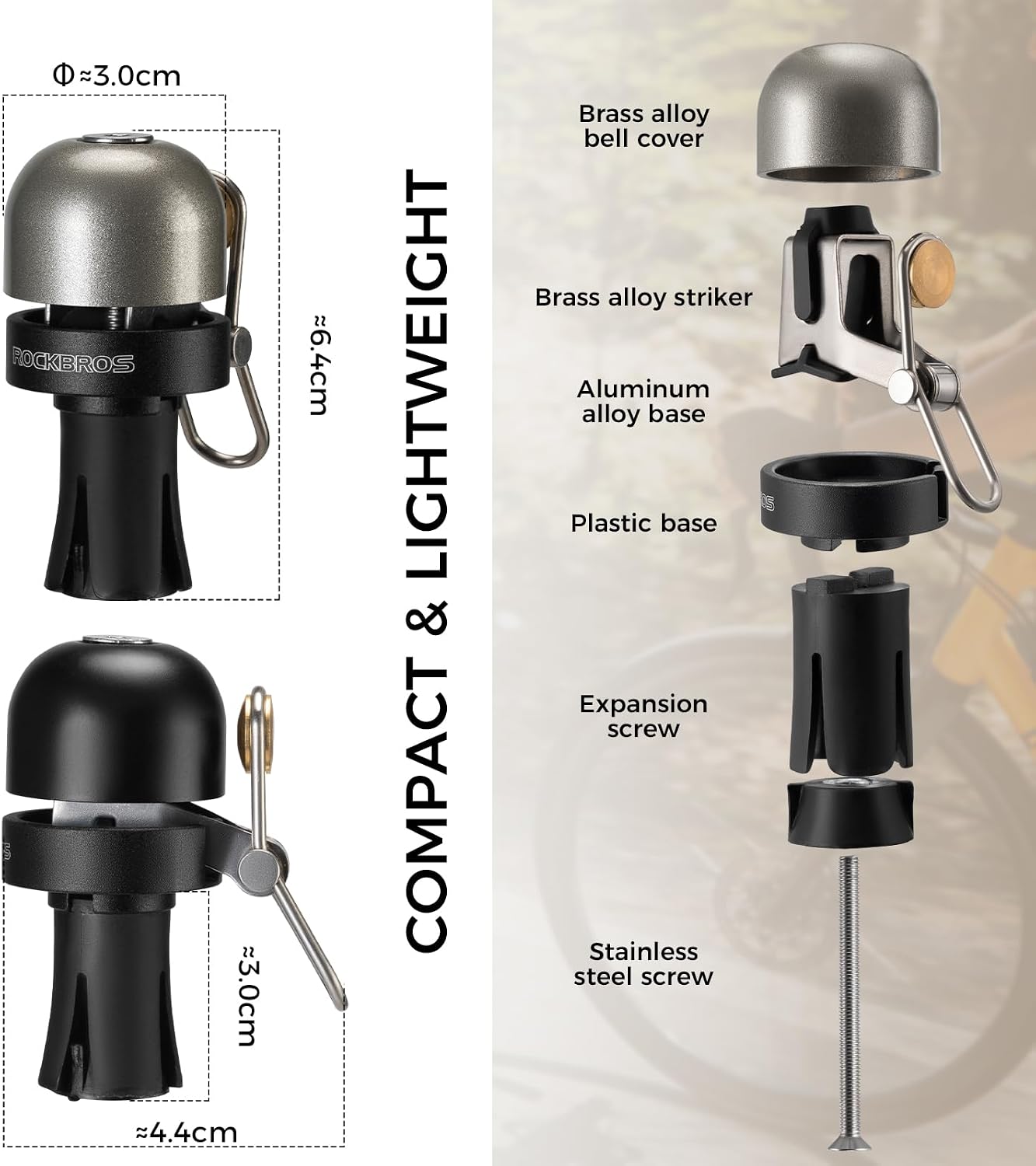 Detalle de ROCKBROS campanello bici 2-in-1 mini con tappo manubrio, 80 dB e fissaggio per manubri 22,2 mm