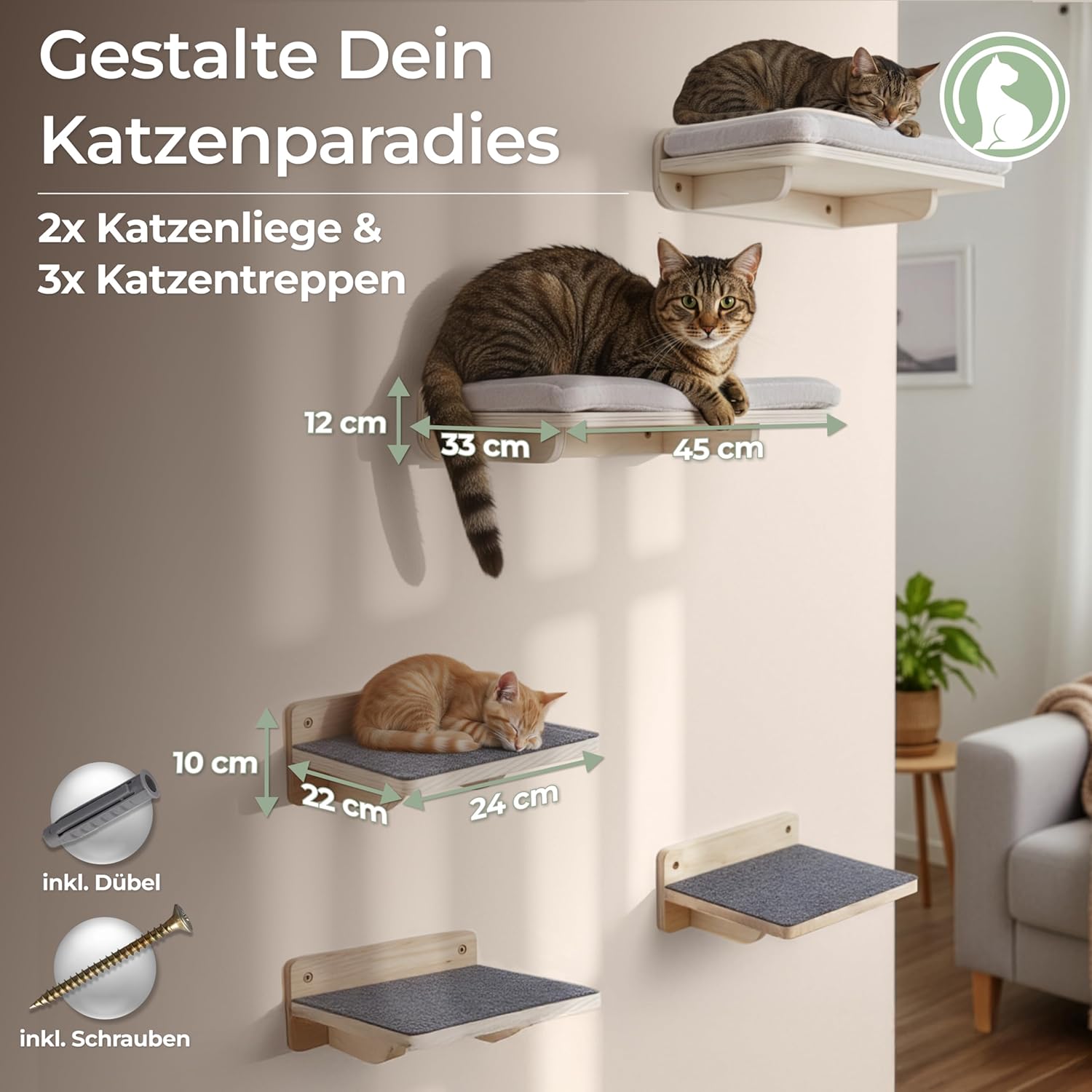 Detalle de WOOWOOD® 2X Kletterwand Katzen – 5-teiliges Set für Wandmontage, stabile Kratzbaum-Wand mit Katzenliege und Treppen (bis 35 kg)