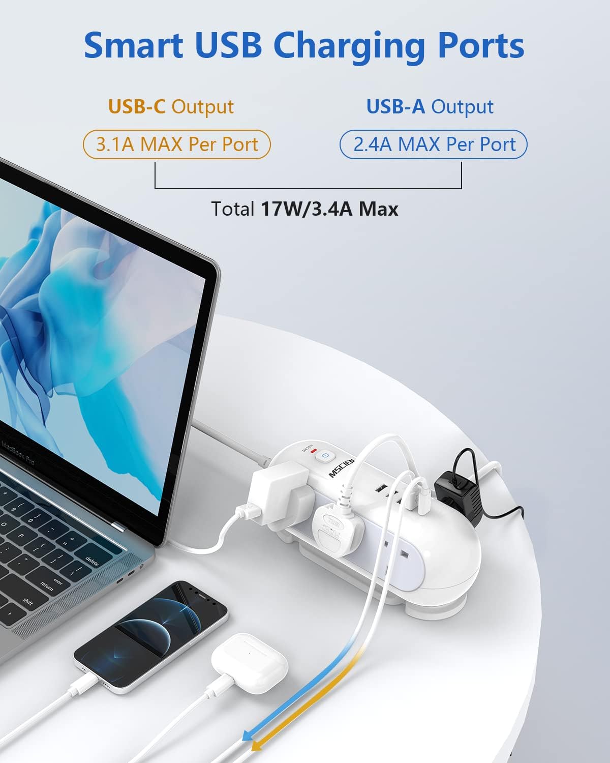 Detalle de Mscien 6-Gang Extension Lead with 3M Cable and 5 USB Ports (Surge Protection up to 3250W)