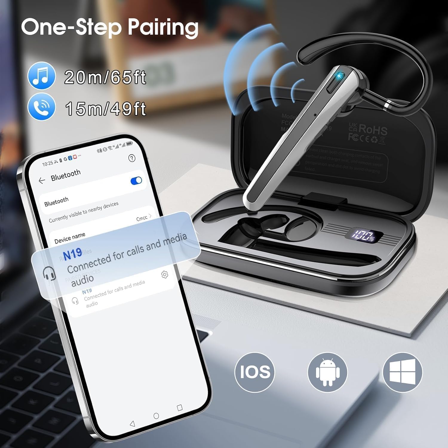 Thumbnail 5 de Bluetooth Headset V5.3 with Dual ENC Mics – Handsfree In-Ear Earpiece for Work and Travel