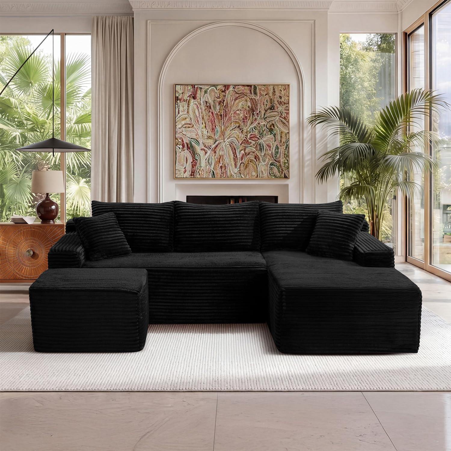 Detalle de Yomsum SF658Black-RU 96-Inch Modular Corduroy Sectional Sofa with Deep Seat