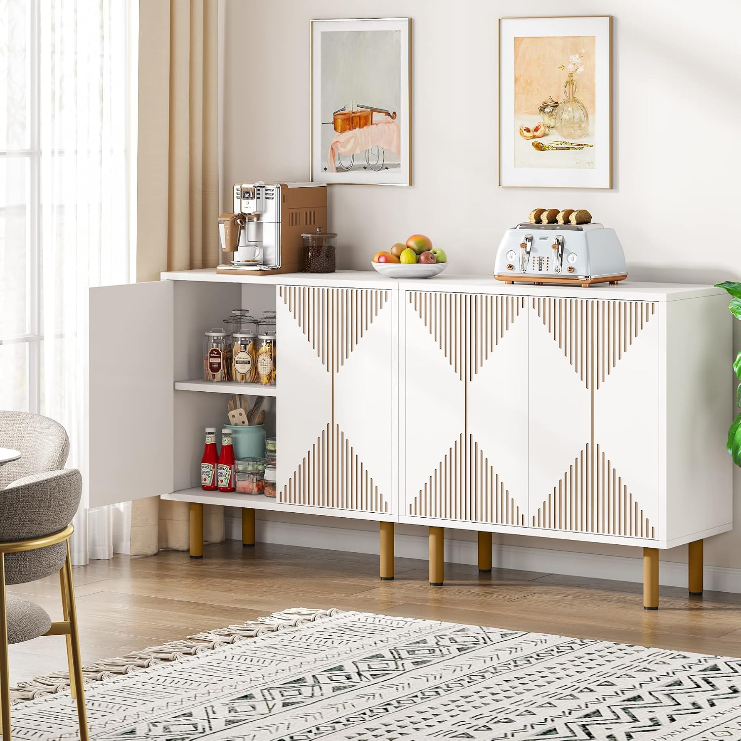 Detalle 2 de LITTLE TREE HS016 White Sideboard Buffet Cabinet with 4 Doors and 2 Shelves