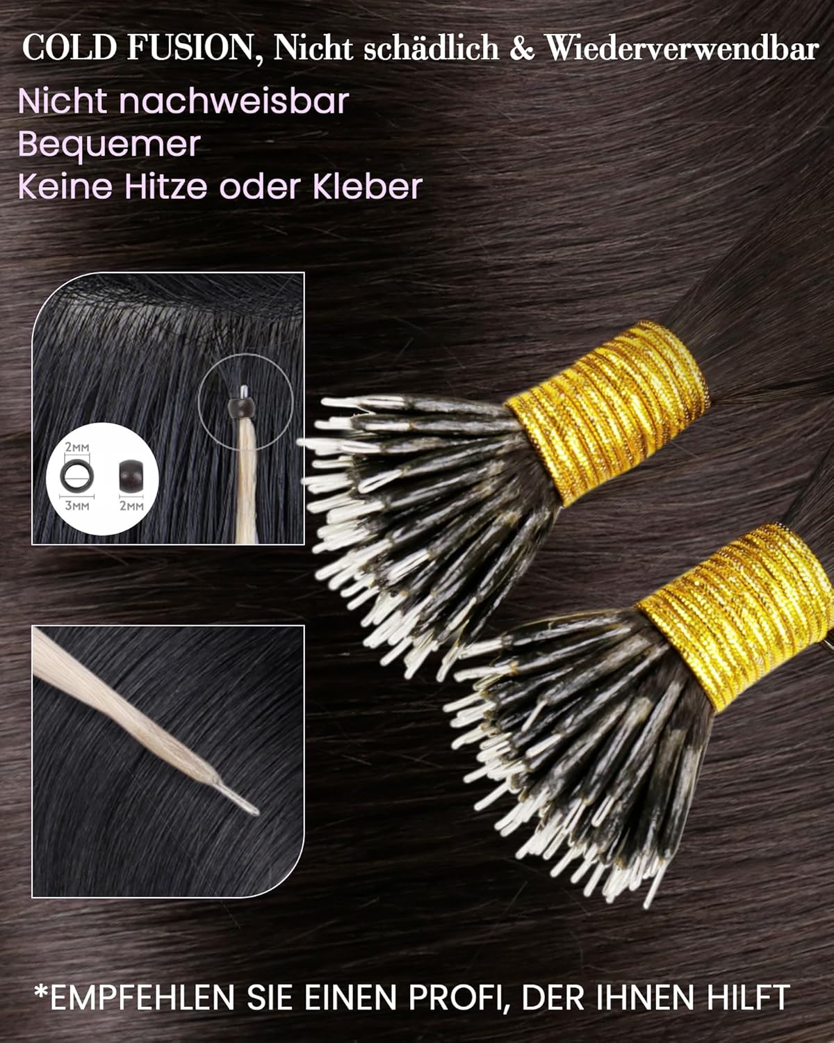 Detalle de LaaVoo Nano-Ring Extensions aus Remy-Echthaar, dunkelbraun (40 cm, 50 g, #2)