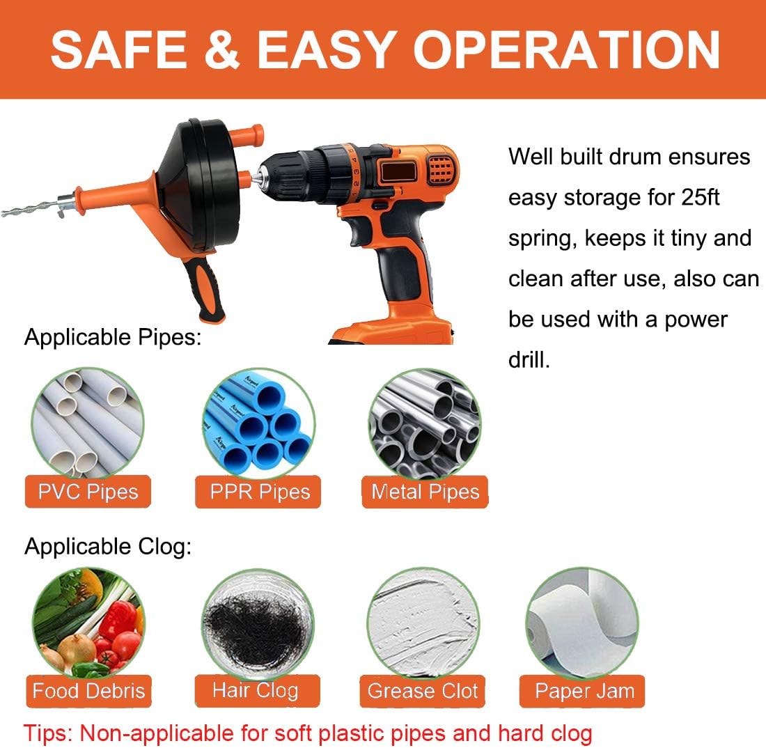 Thumbnail 6 de BACEYIOU 25-Foot Drain Auger with Drill Adapter, ABS Drum and Steel Cable