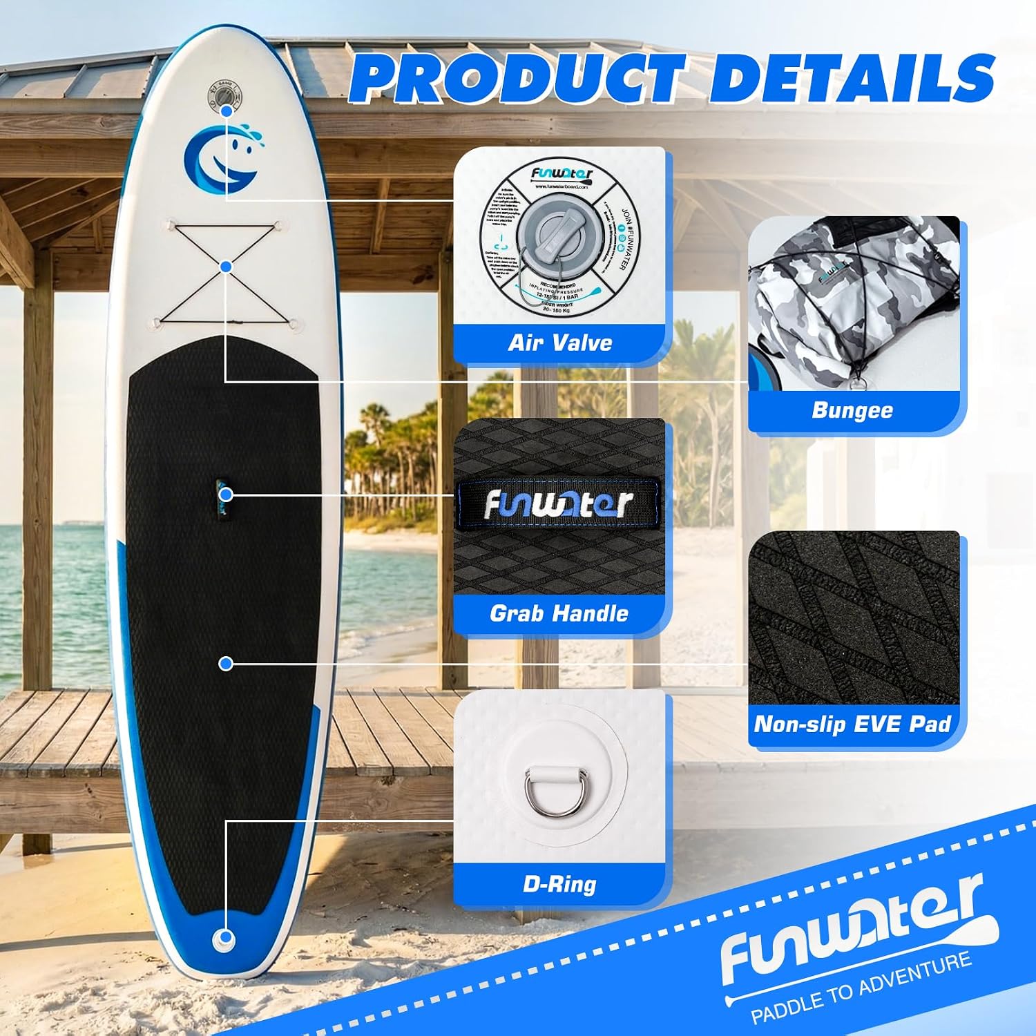 Thumbnail 6 de FunWater 11 ft Inflatable SUP with EVA Deck, 3 Fins & Complete Accessory Kit