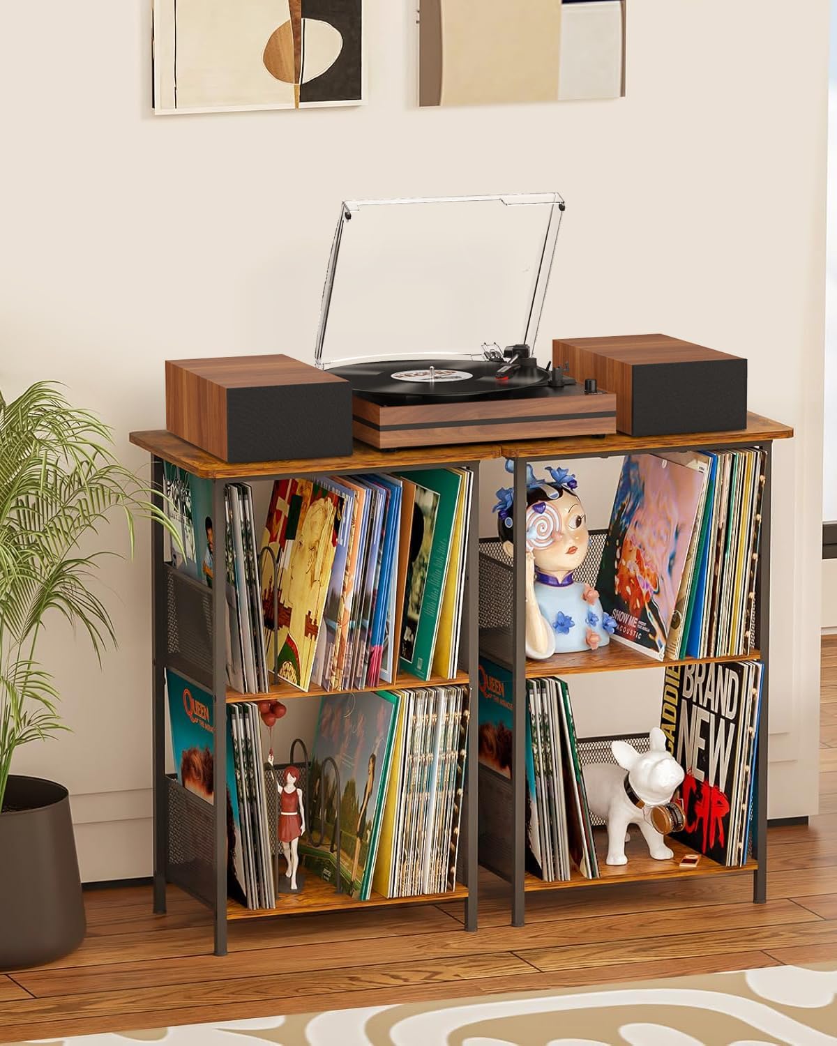 Detalle de Vintage Belt-Drive Record Player with Dual External Speakers (3 Speed, Wood Red)
