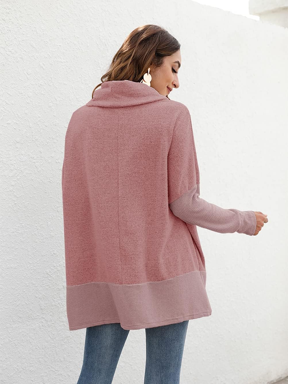 Detalle de Famulily Oversized Hoodie Women — Cowl Neck Drawstring Sweatshirt in Blue (Size L-XL)