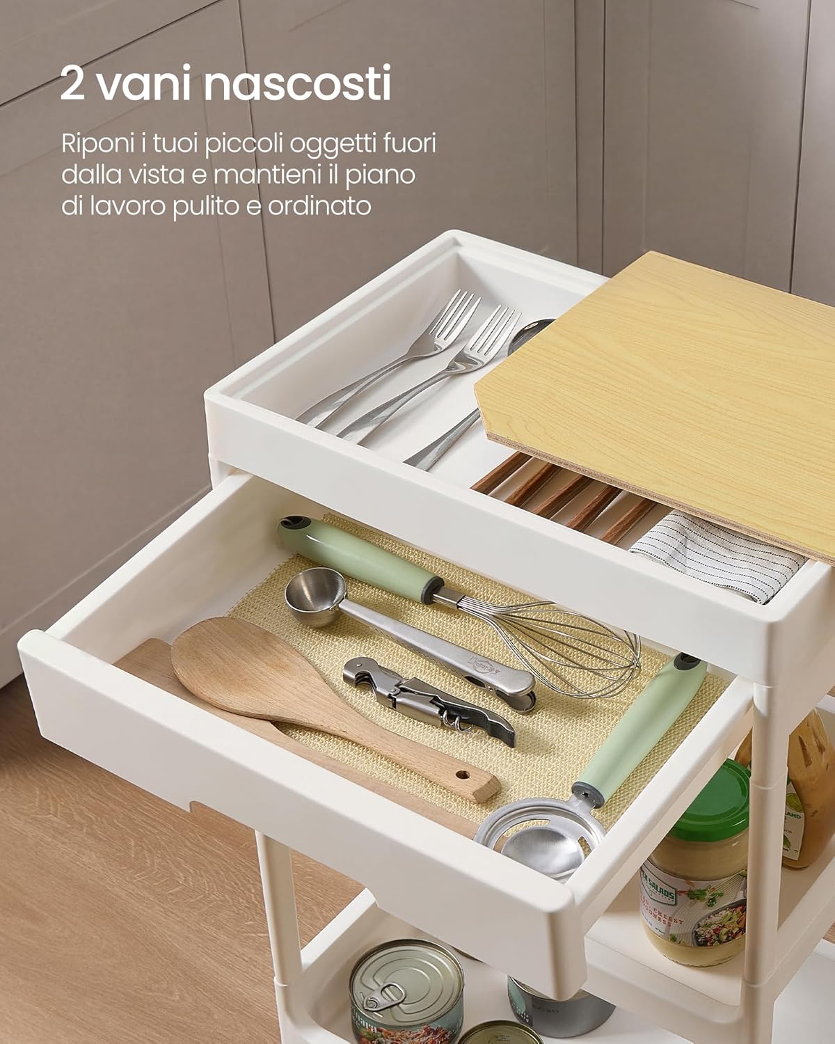 Detalle de SONGMICS Carrello a 4 Ripiani BSC070W101: praticità su ruote per cucina, bagno e lavanderia