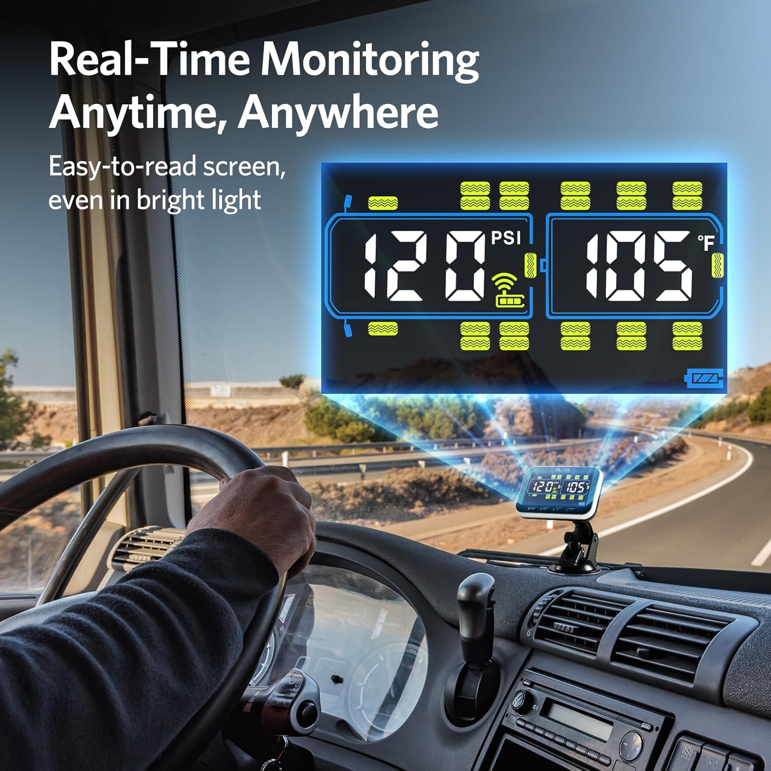 Detalle de GUTA Trailer Tire Pressure Monitoring System (RV TPMS) with 10 Sensors, 6 Alert Modes, Signal Booster, Large Color Display