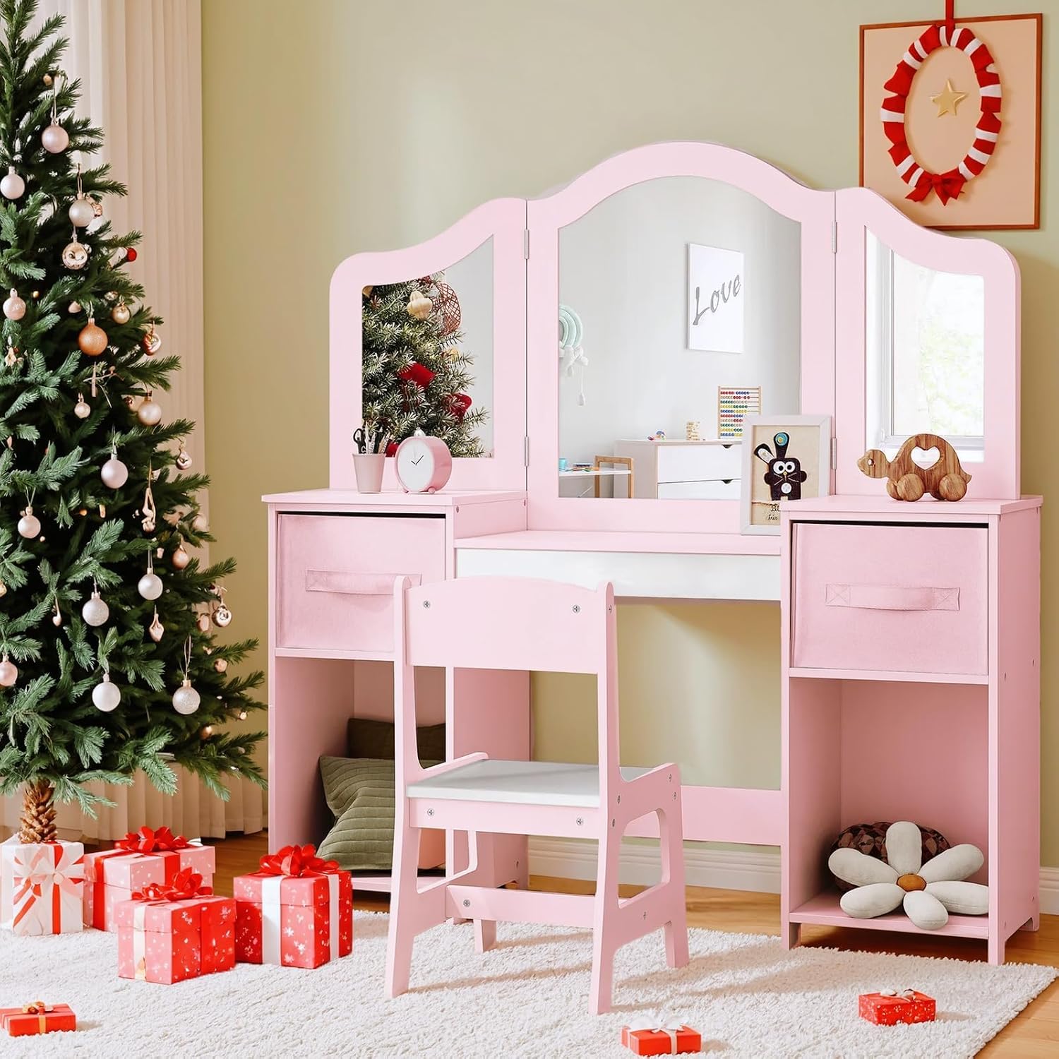Thumbnail 1 de Clevich Kids Vanity Table and Chair Set — 2-in-1 Pink & White Princess Desk for Girls