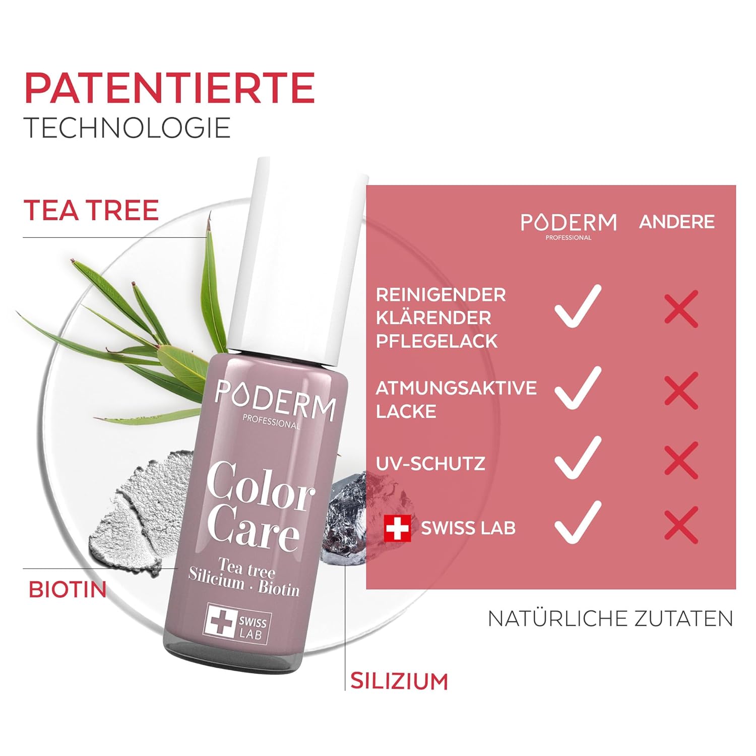 Detalle de PODERM TEEBAUM-Nagellack Color Care Parma – 2-in-1-Pflege für gelbe oder brüchige Nägel