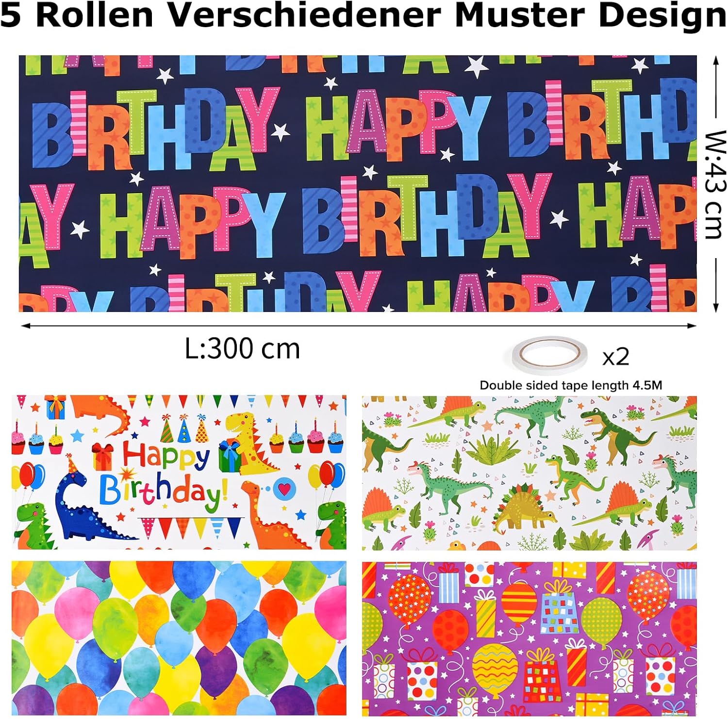 Thumbnail 1 de HAMOHTE Geschenkpapier Geburtstag Kinder – 5 Rollen (43 cm x 300 cm) mit Cartoon-Design, recycelbar