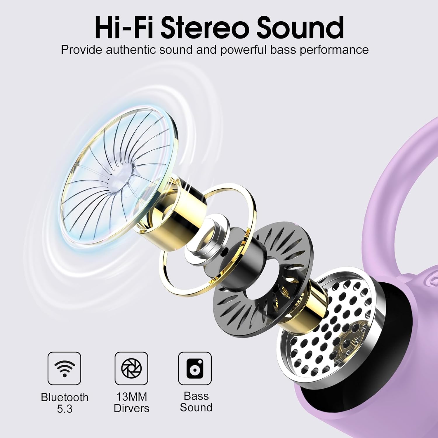 Detalle 2 de Poounur Wireless Earbuds (Bluetooth 5.3) with 4 EN C Noise-Cancelling Mic, 50H Playtime, Purple