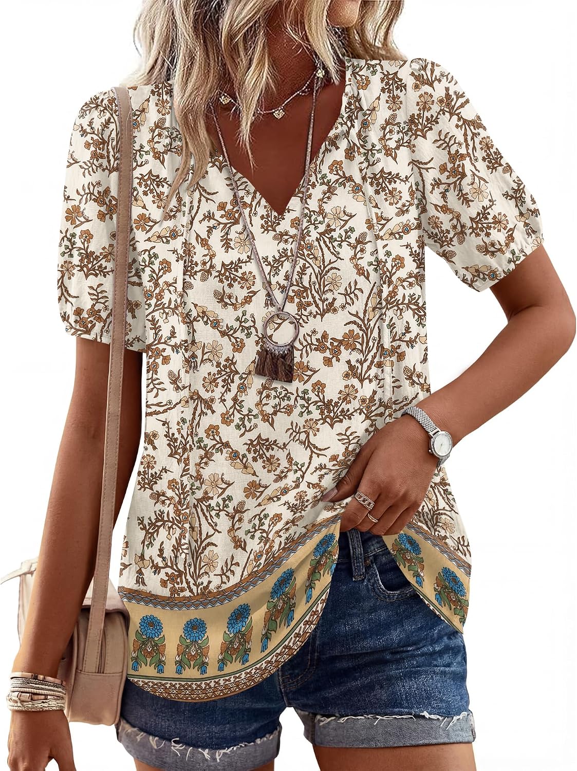 Detalle de Rapbin Bluse – Sommer-Boho Bluse mit V-Ausschnitt, lockeres Bindeband-Oberteil