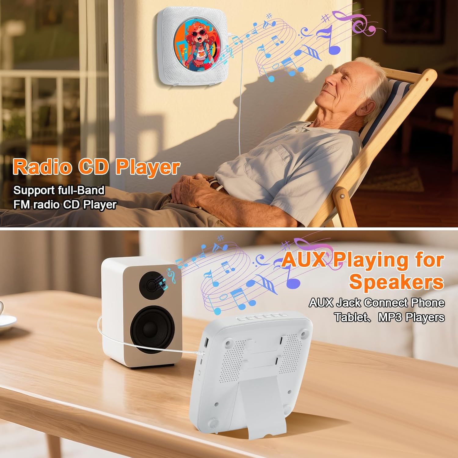 Detalle de Gueray portable Bluetooth CD player with rechargeable battery, FM radio, USB & AUX