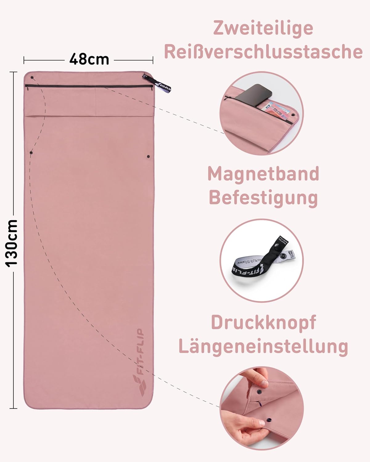 Thumbnail 3 de Fit-Flip Fitness Handtuch aus Mikrofaser inkl. Magnetclip & Reißverschlusstasche (130 x 48 cm)