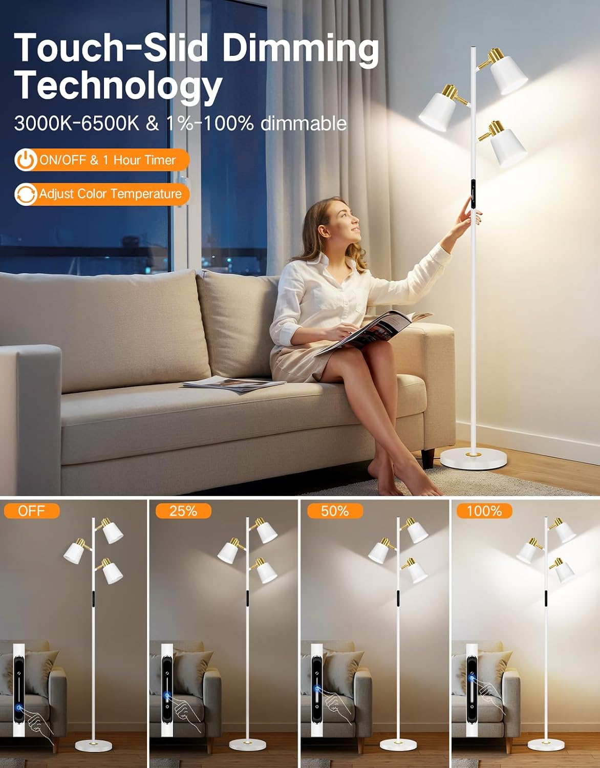 Detalle de OUTON Lampada da Terra LED dimmerabile con telecomando e controllo touch, 36W