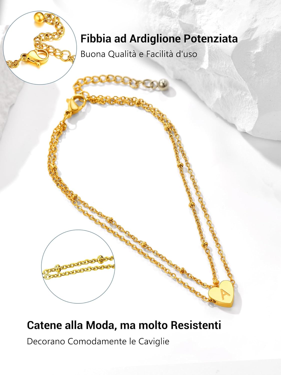Thumbnail 3 de PROSTEEL Cavigliera con catena regolabile e cuore, set impilabile in acciaio antiallergico, stile tricolore