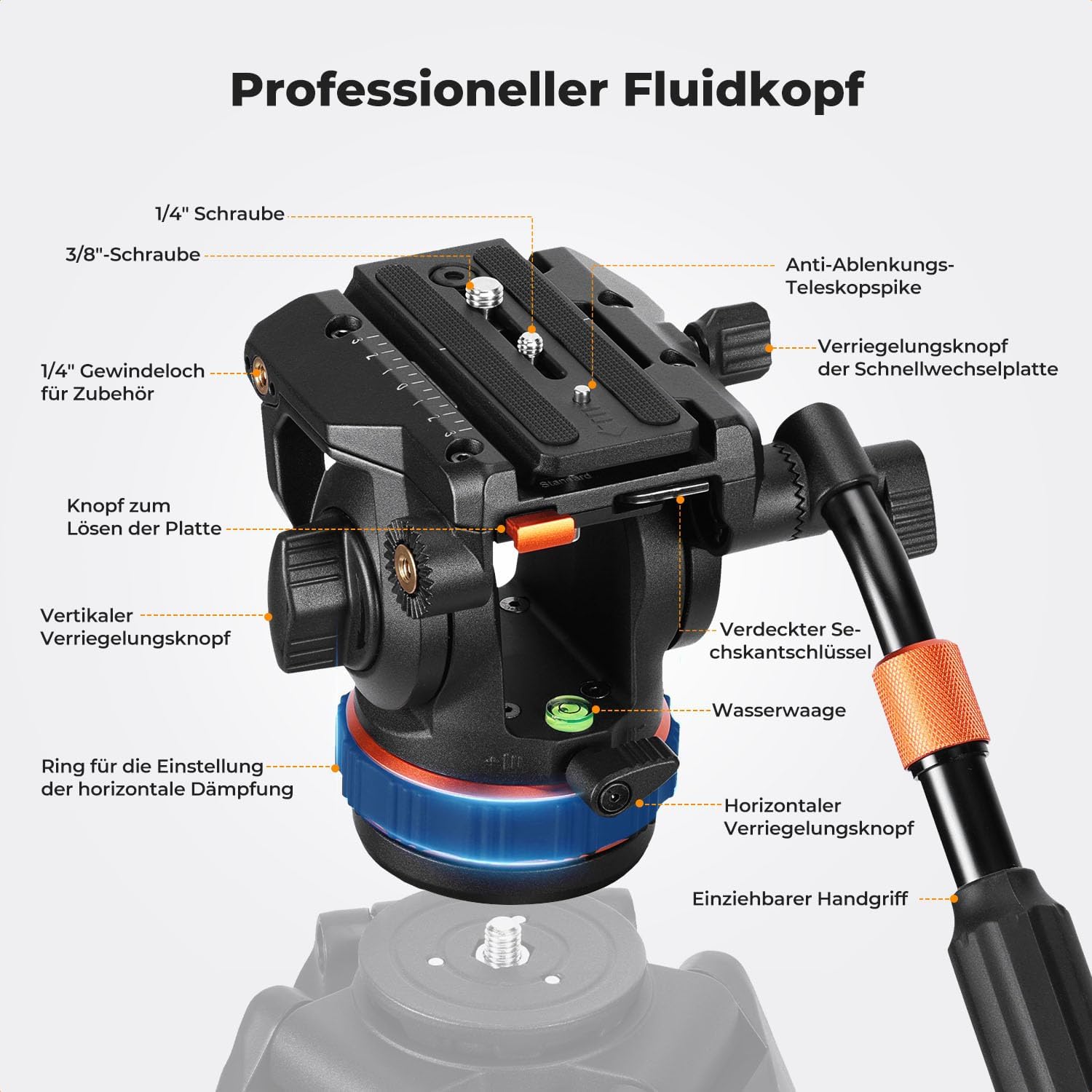 Detalle 2 de K&F CONCEPT BV50 Fluidkopf – leichter Videostativkopf mit 360°-Panorama und hydraulischer Dämpfung