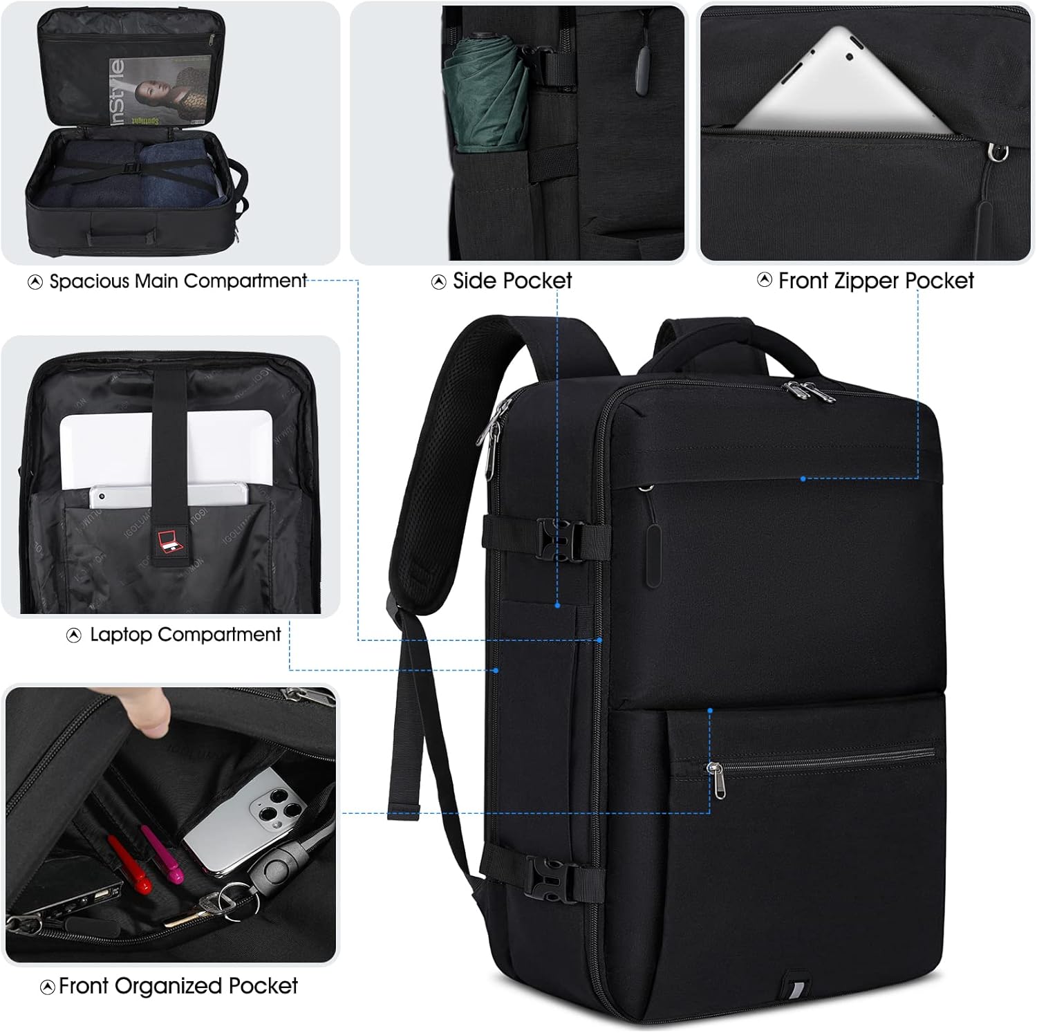 Detalle de IGOLUMON Rucksack Herren großer Laptop 17,3 Zoll – 40L, TSA-Check & Wasserdicht