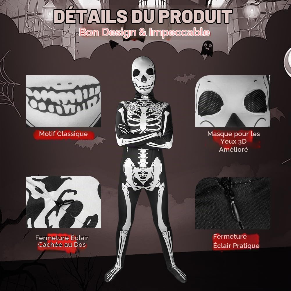 Detalle 1 de AOOWU skeletkostuum voor kinderen met stretchoverall en gezichtsmasker