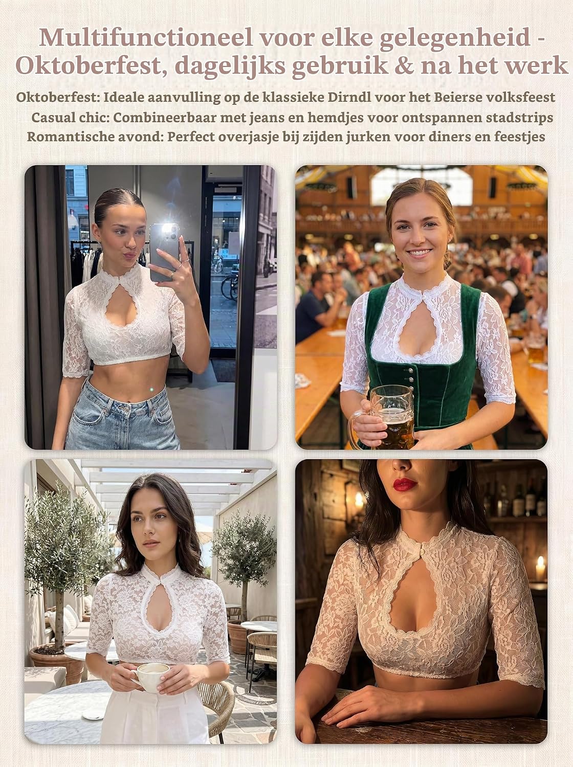 Thumbnail 5 de LEKMBBY 1416 dirndlblouse met witte bloemenkant, opstaande kraag en halve mouwen