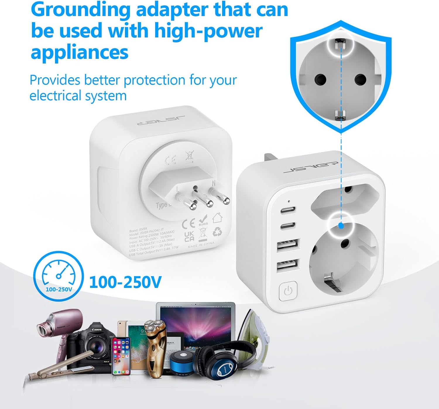 Thumbnail 6 de JSVER Adaptateur de voyage Italie Type-L avec 4 ports USB (6 en 1) bidirectionnel Italie–France