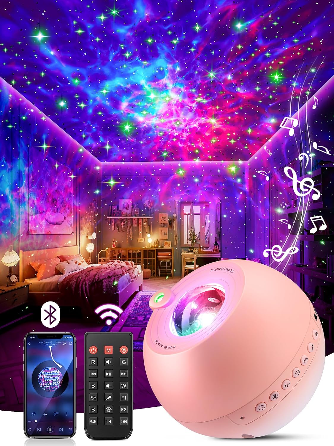Detalle de One Fire WH-E14A Galaxy Projector with Bluetooth, Green Stars and Remote