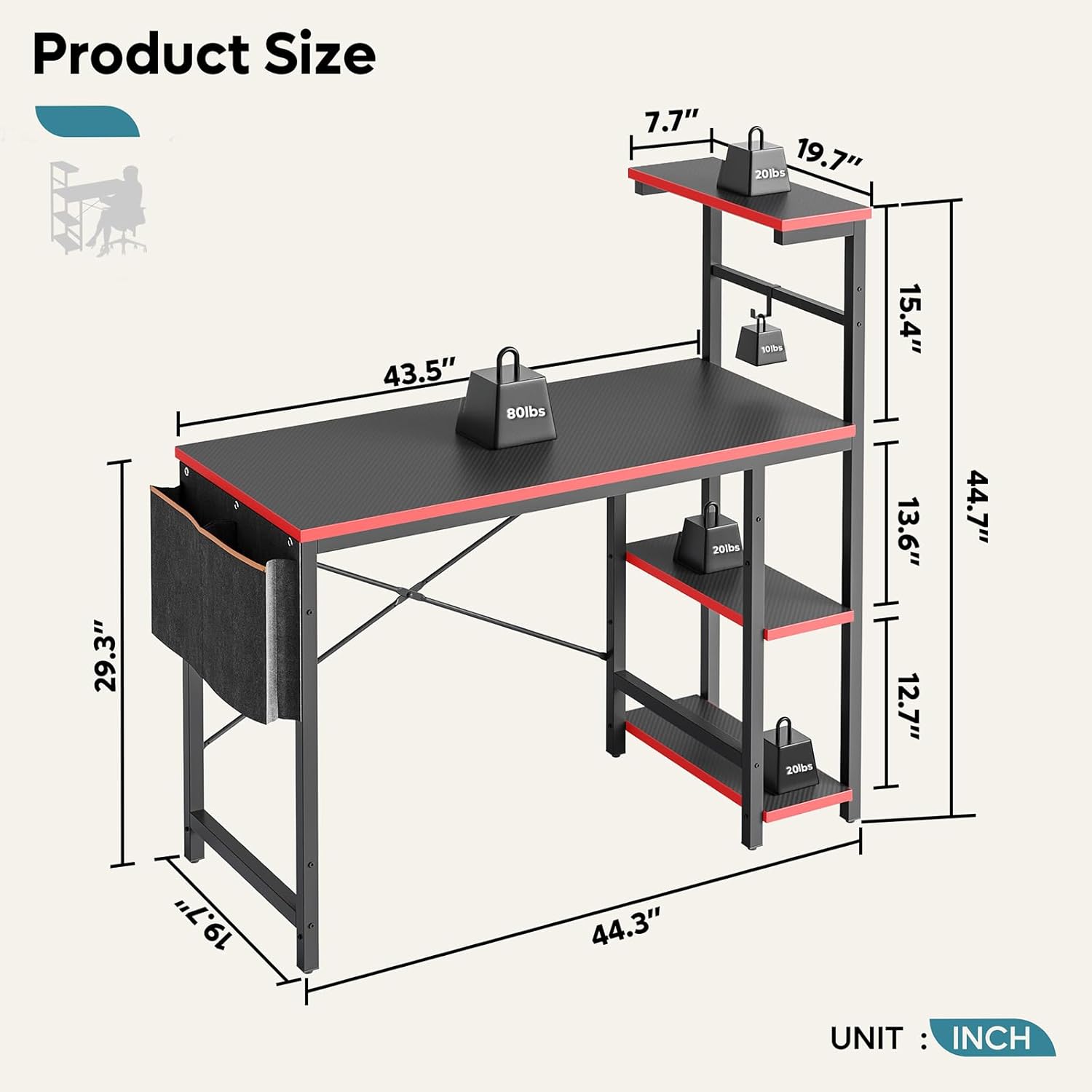 Detalle de Bestier 113cm Reversible Corner Gaming Desk with RGB LED Lights