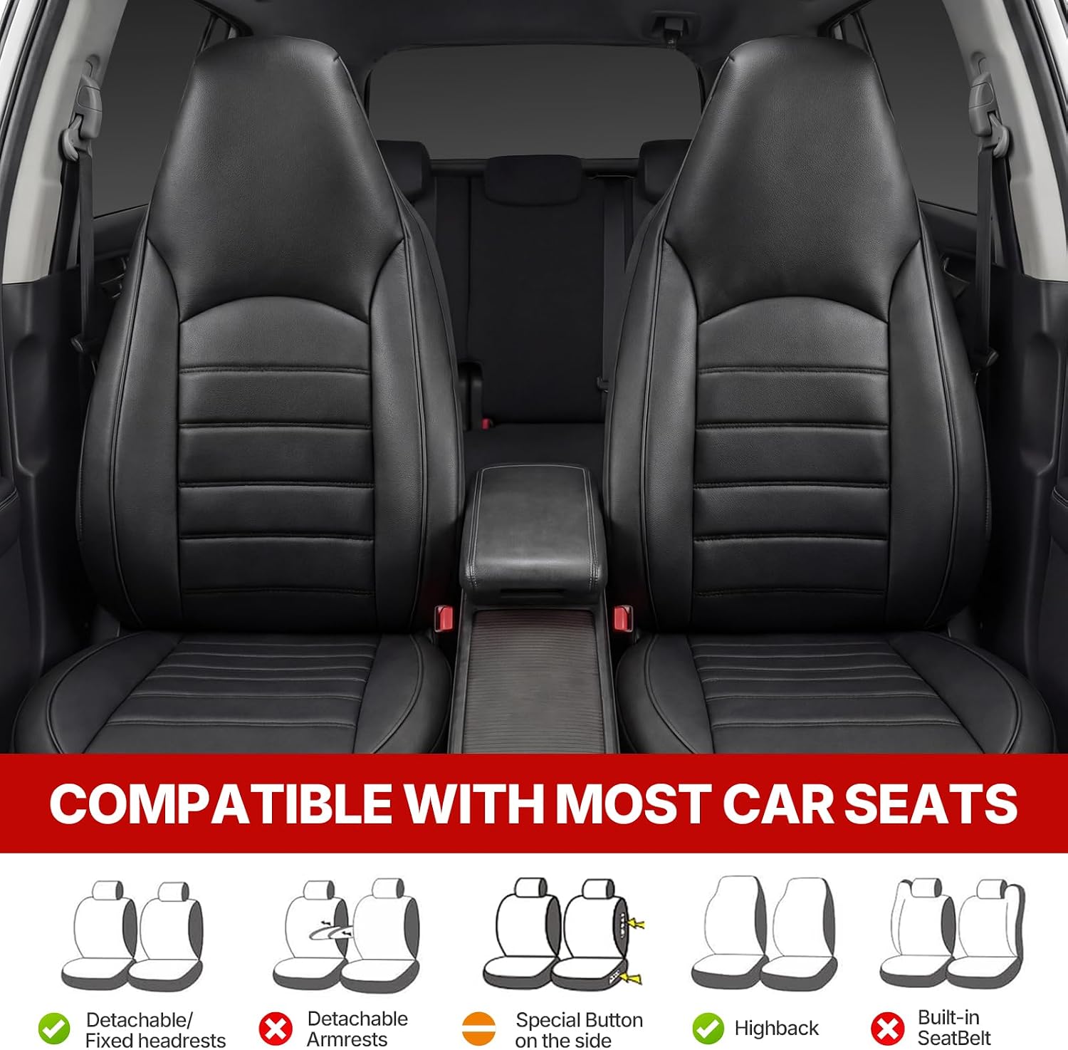 Detalle de AUTOYOUTH Universal Front Car Seat Covers – Waterproof PU Leather, Black