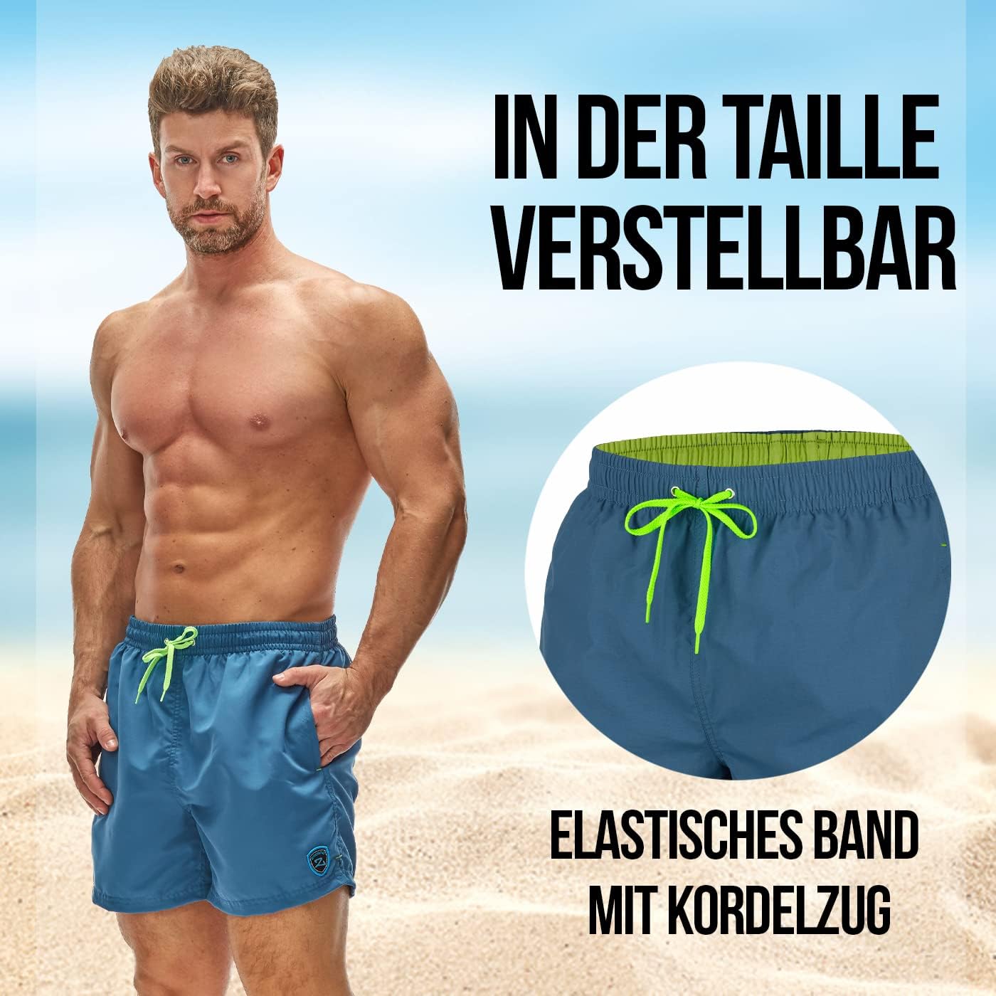 Detalle 2 de Zagano Herren Badehose schnelltrocknend mit Tunnelzug und Mesh-Einsätzen (S–6XL)