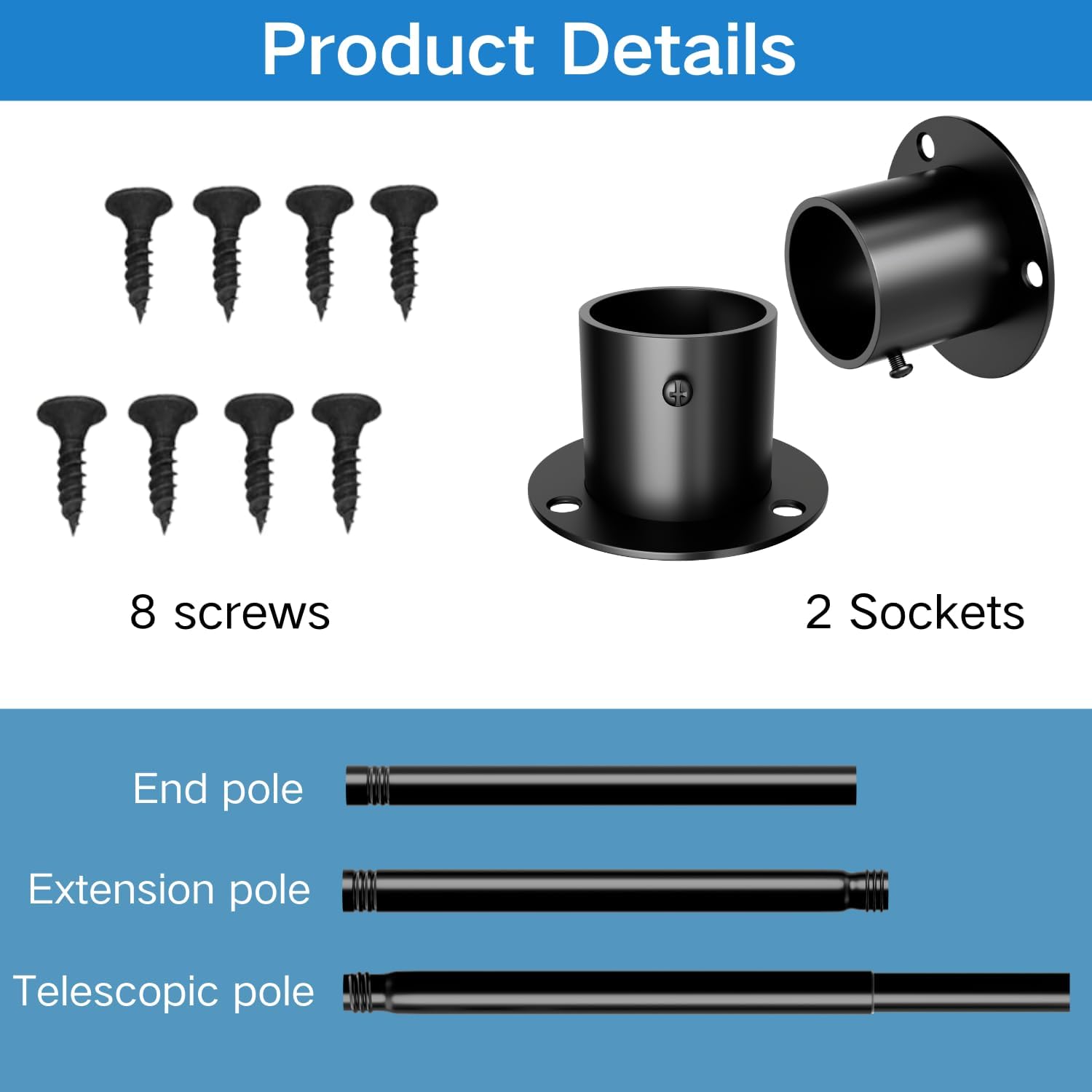 Thumbnail 3 de Wardrobe Rails and Fittings: Extendable Clothes Rail with 32mm Diameter, 68–90cm Length, Black