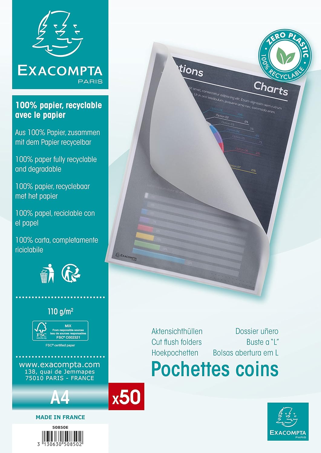 Detalle de Exacompta 50850E – Sachet de 50 pochettes coin en papier calque transparent 110 g/m², ouverture en L (haut et côté droit), format A4