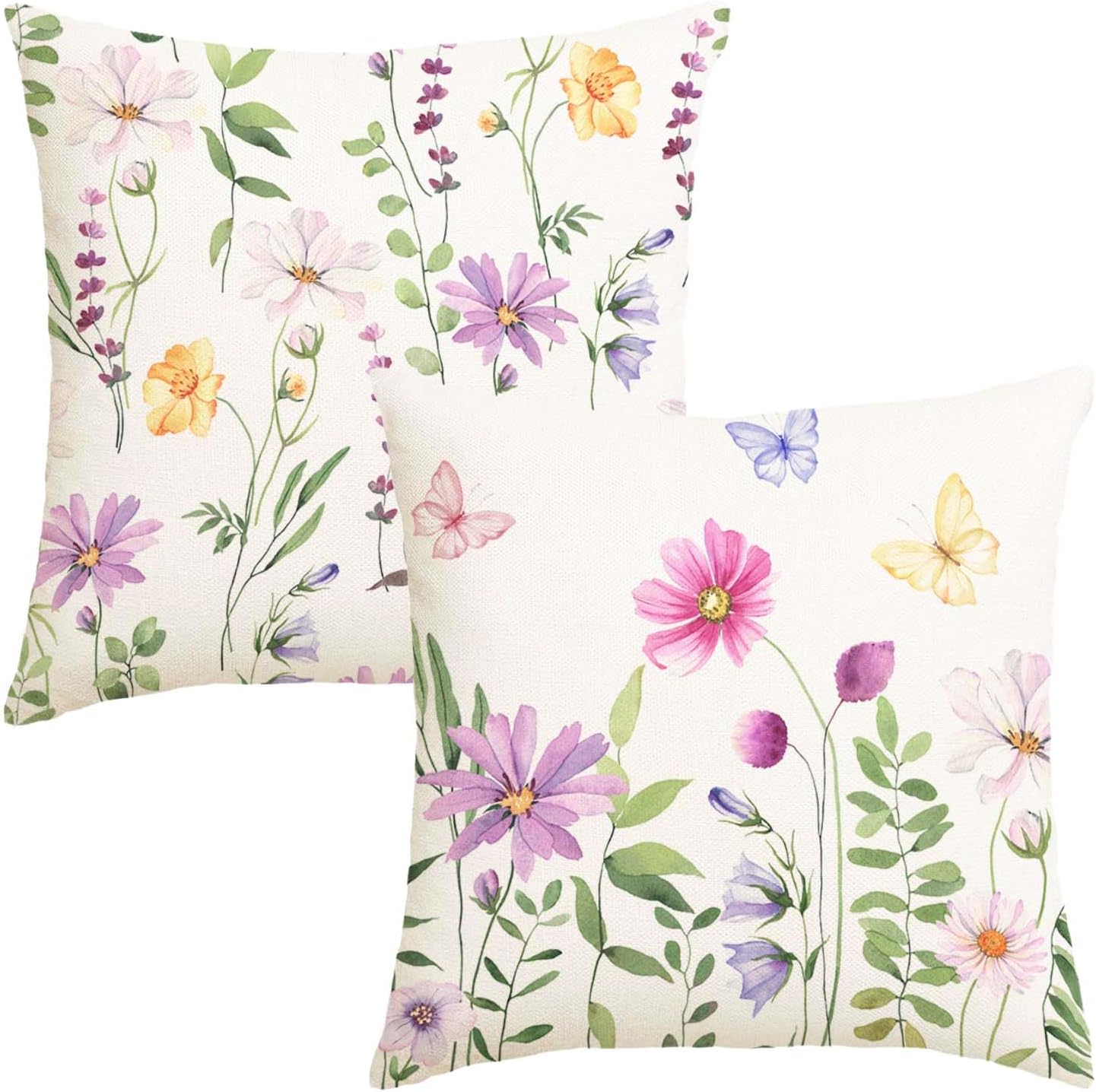 Detalle de Avalune Kissenbezug 50x50 cm Frühling Leinenoptik – Blumen Rosa/Grün, 2er Set