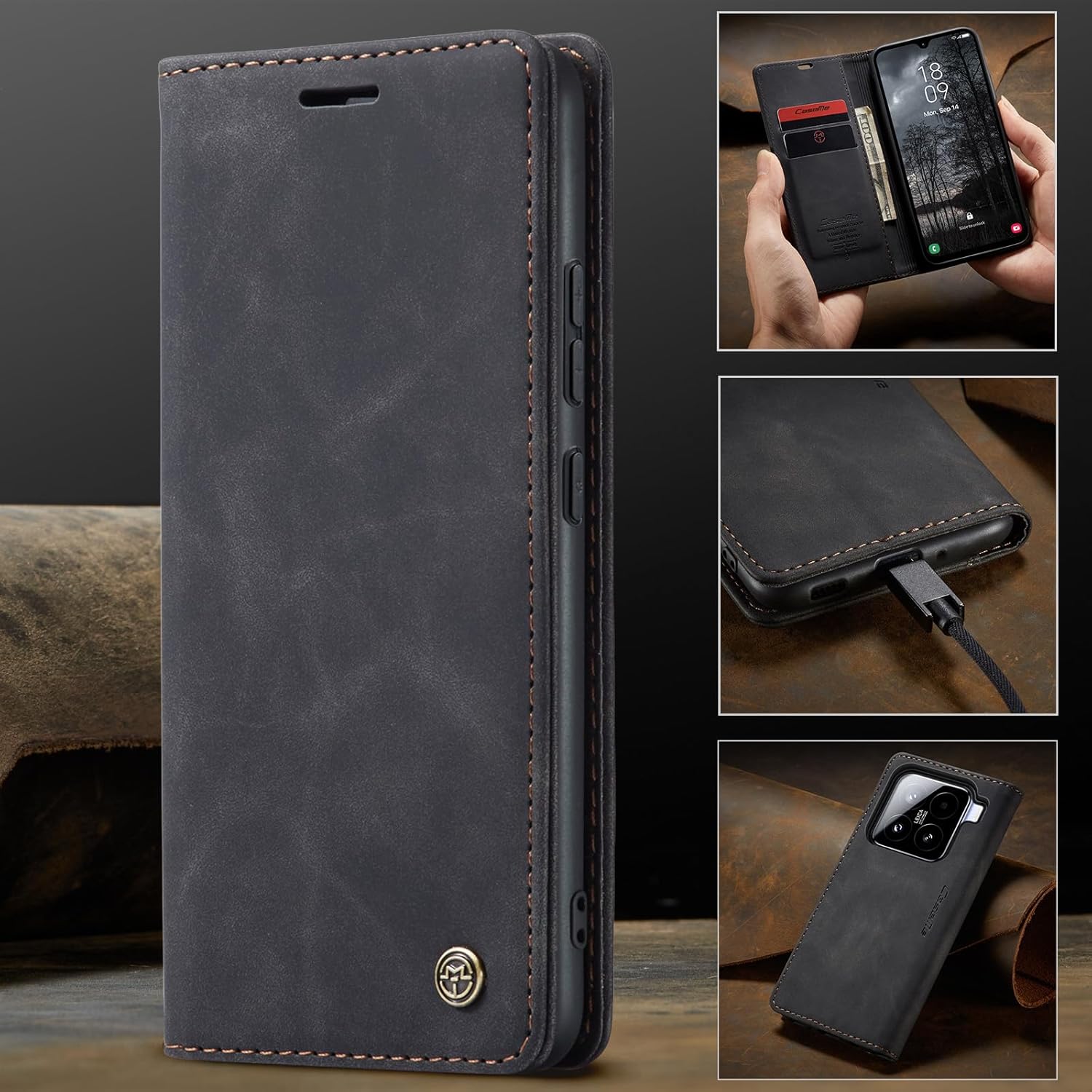 Thumbnail 4 de Lanranwa Handyhülle für Xiaomi 15 5G – Premium Flip Case aus PU-Leder mit Kartenfächern, Magnetverschluss und Standfunktion (Schwarz)