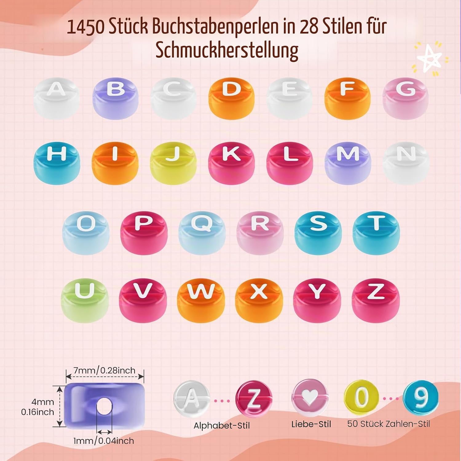 Detalle de FZIIVQU Buchstaben Perlen Kit – 1450 Teile, Acryl 4x7 mm, DIY Freundschaftsarmbänder mit A–Z, Herz- und Smiley-Perlen
